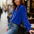 thumbnail image 5 of HAPIMO Women's Velvet Tops Long Sleeve Lapel Shirts Ruffled Bell Sleeve Button Down Shirt Retro Elegant Office Casual Tops Blue XL, 5 of 7