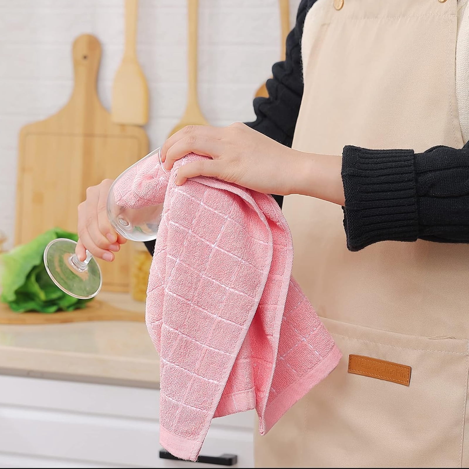 Cotton Terry Kitchen Towels(12*12inches), Checkered Designed, Soft and Super Absorbent Dish Towels, 4 Pack - Light pink