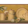 thumbnail image 1 of Beige Red Blue Roses Kitchenware Mustard Green Wallpaper Border Vintage Design, Roll 15' x 8.25'', 1 of 3
