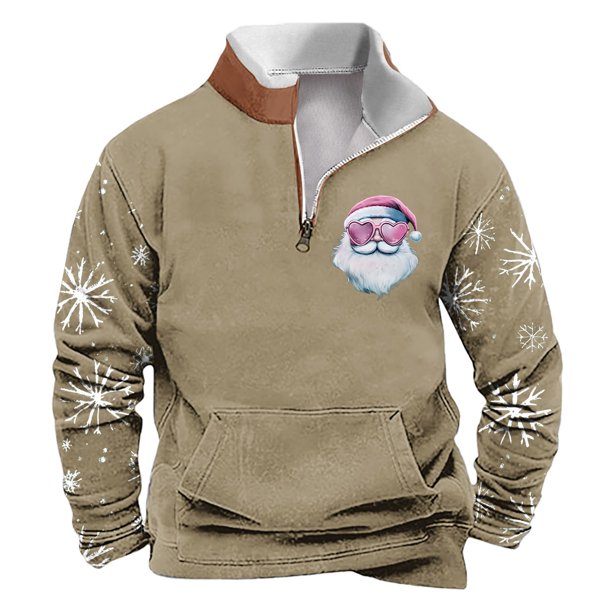 Sudadera sin capucha para hombre, de invierno, con cuello alto, cremallera, estampado navideño, jersey de manga larga, sudadera con capucha, blusa de poliéster para hombre