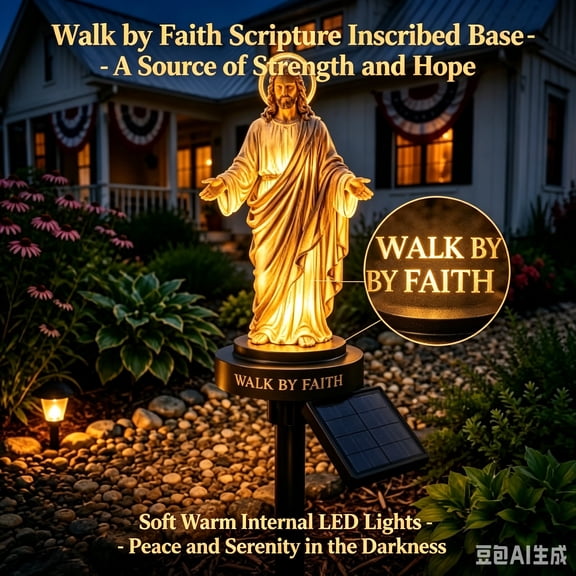 18in Solar Powered Religious Garden Decor, Jesus Statue Stake Light Walk By Faith Outdoor Yard Pathway Art