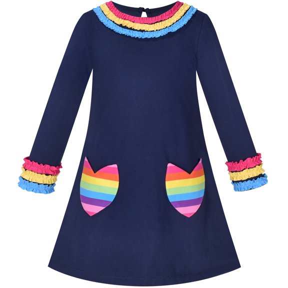 Sunny Fashion Girls Dress Rainbow Flower Pocket Long Sleeve Cotton Casual 5 Years