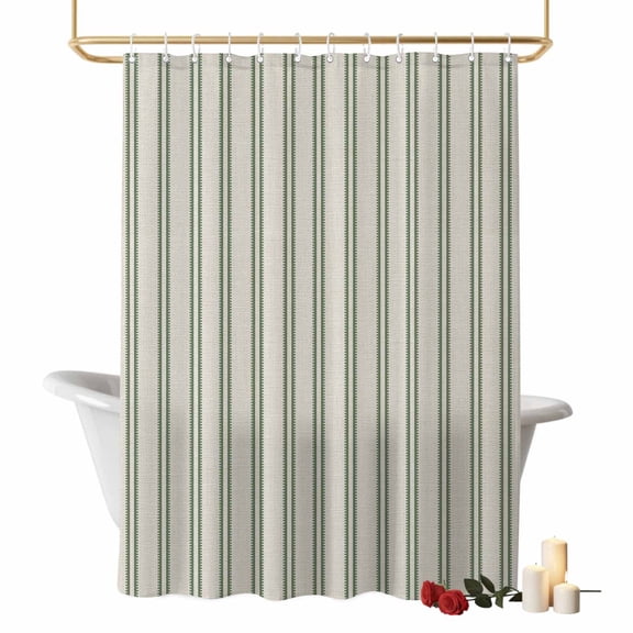 Green Ticking Stripe Bathroom Shower Curtains with Hooks, Minimalist Vertical Lines Khaki Waterproof Fabric Washable Shower Curtain for Home Hotel Bathtub Decor 60x72 Inch