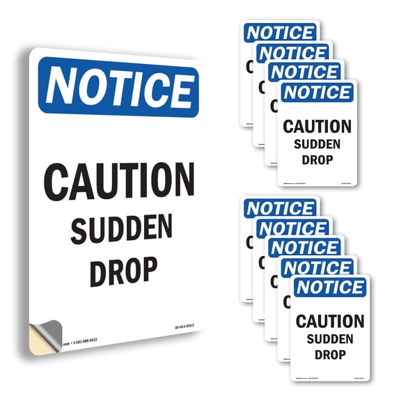 Caution Sudden Drop OSHA Notice Vinyl Decal Label 14 Inch x 10 Inch - 10 Pack