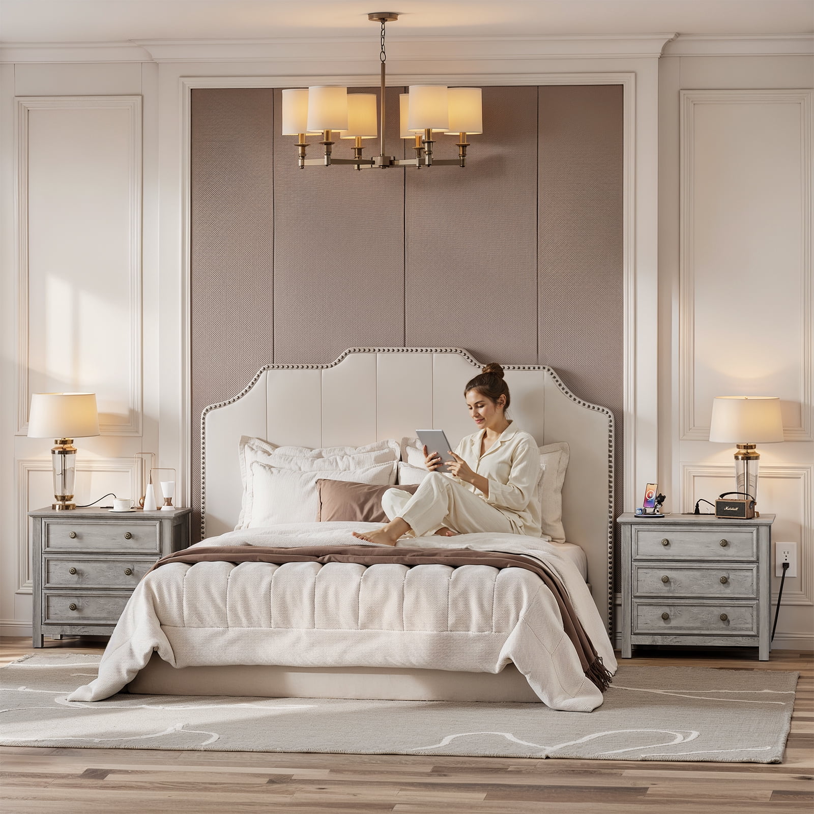 Holliwill 26.7" Wide Nightstand Set of 2 with Charging Station, Farmhouse Nightstands with 3 Drawers, End Table Bedside Table for Bedroom Enrtyway Living Room, Gray