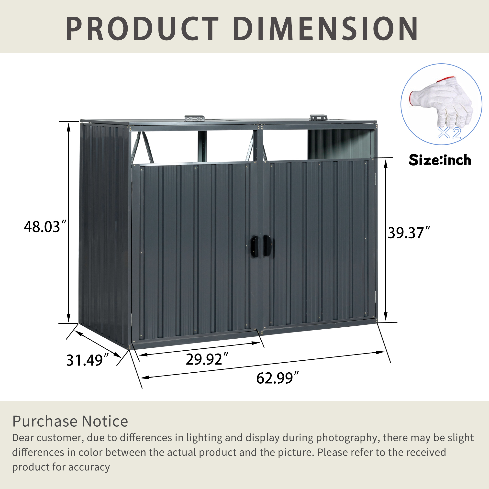 Leumius Garbage Bin Shed Stores 2 Trash Cans Metal Outdoor Bin Shed for Garbage Storage,Stainless Galvanized Steel, Bin Shed for Garden Yard Lawn