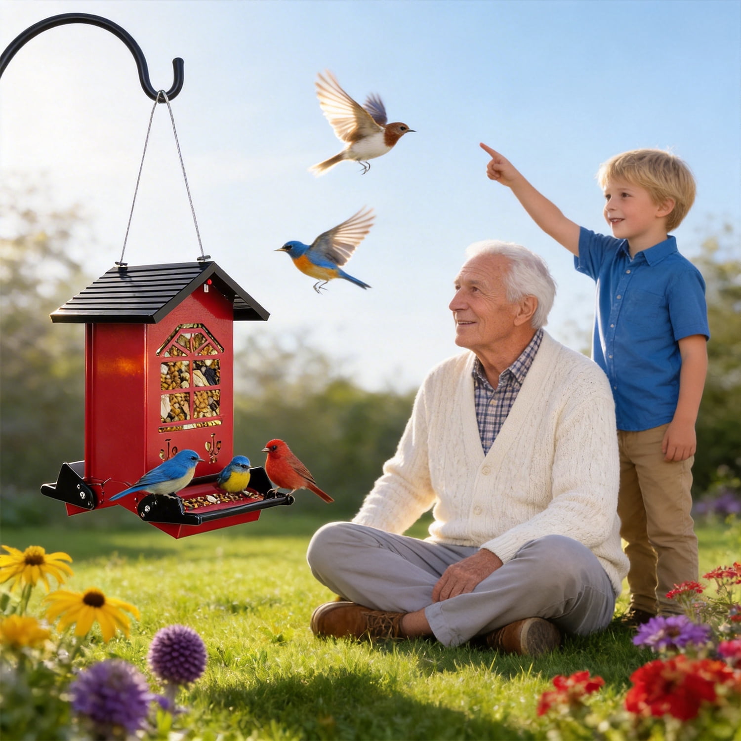BN-LINK Bird Feeder Squirrel Proof,Hanging Bird Feeder with 2 Ports,Metal Wild Bird feeder for Outdoor Garden Yard Decor,Red