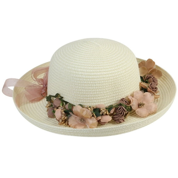 HINTRMENT 1Pack Wide Brim Hat Milk White Straw Sun Protection Portable for Women Summer Beach Outdoor