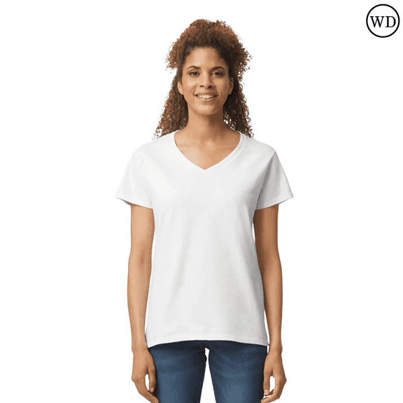 Gildan Heavy Cotton Women’s V-Neck T-Shirt, 100% Cotton, Soft & Durable, Semi-Fitted, White, S