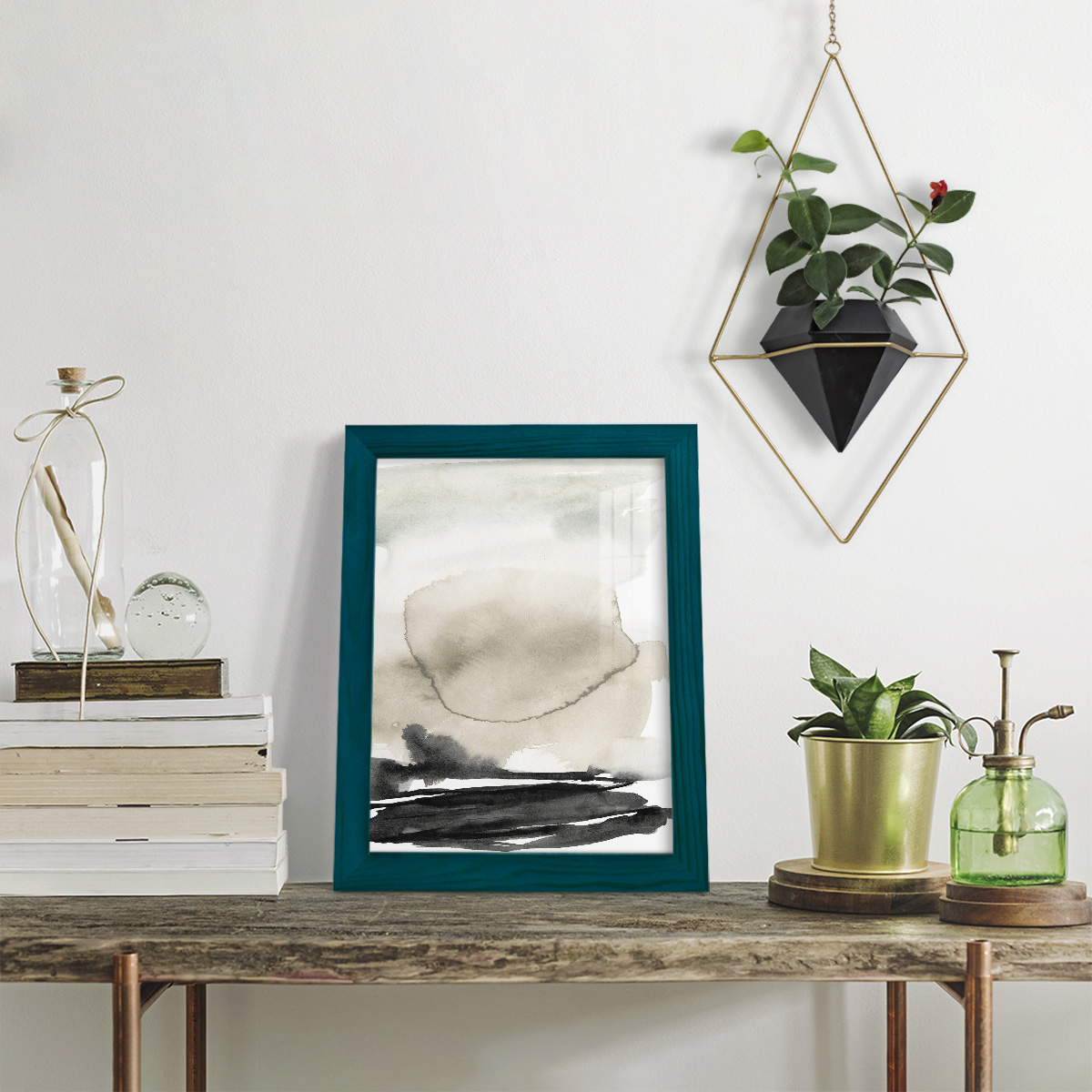 Ebony Horizon Triptych II - Framed Print w/glass - Ocean Blue
