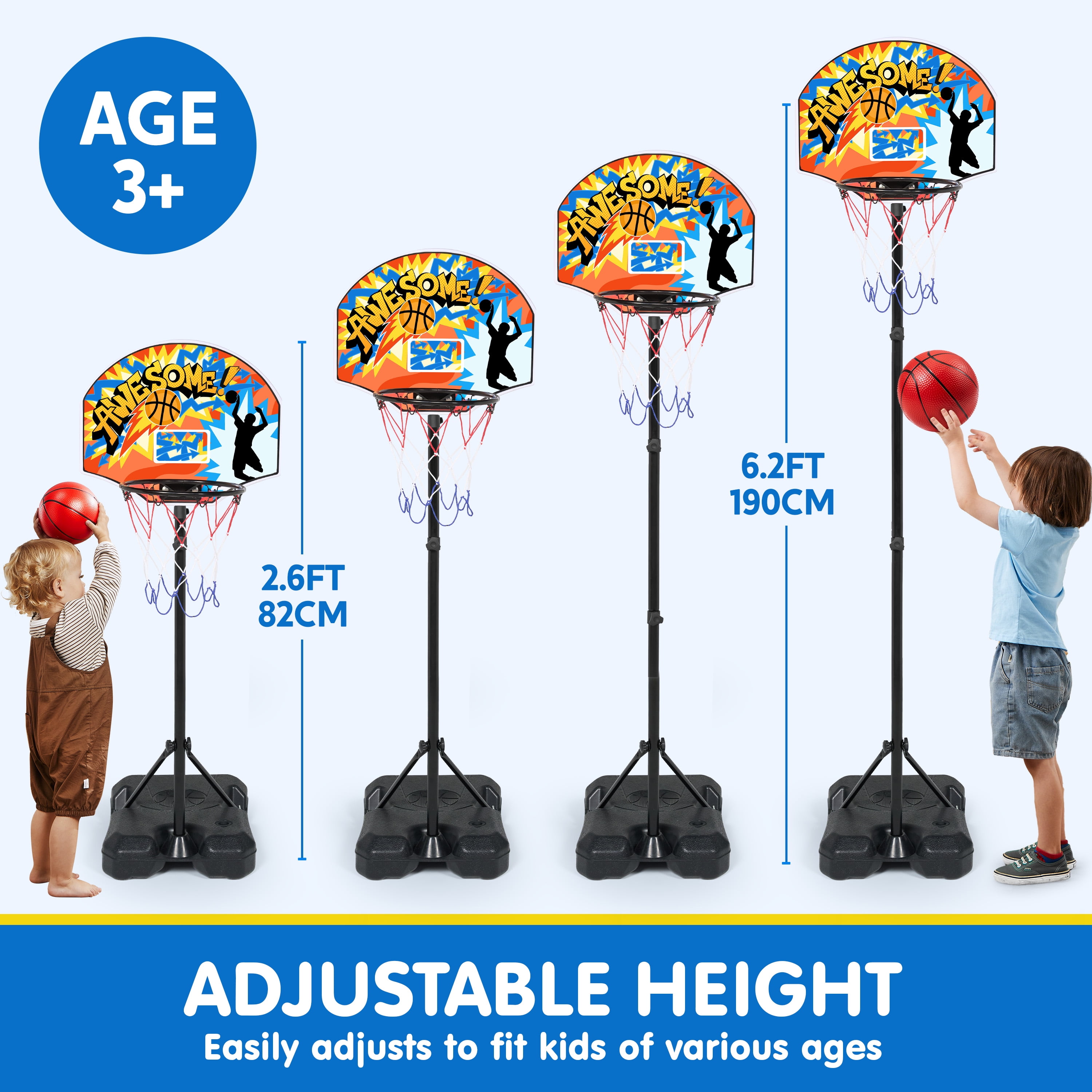 JOYFY 2.8 ft-6.2 ft Adjustable Kids Basketball Hoop with 4 Balls Toddler Baksetball Goal Toy Indoor Outdoor Basket Ball Game Set for Boys Girls Age 3 4 5 6 7 8 Gift