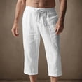 thumbnail image 2 of JUUYY Men's Linen Capri Pants Beach Drawstring Elastic Waist Loose Cropped Pants Casual Lightweight Vacation Summer Yoga 3/4 Trousers White S, 2 of 6