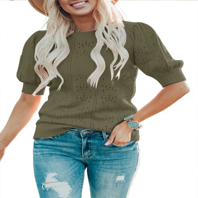 QJUHUNG Women Short Puff Sleeve Sweaters Loose Lightweight Pointelle Knit Pullover Tops
