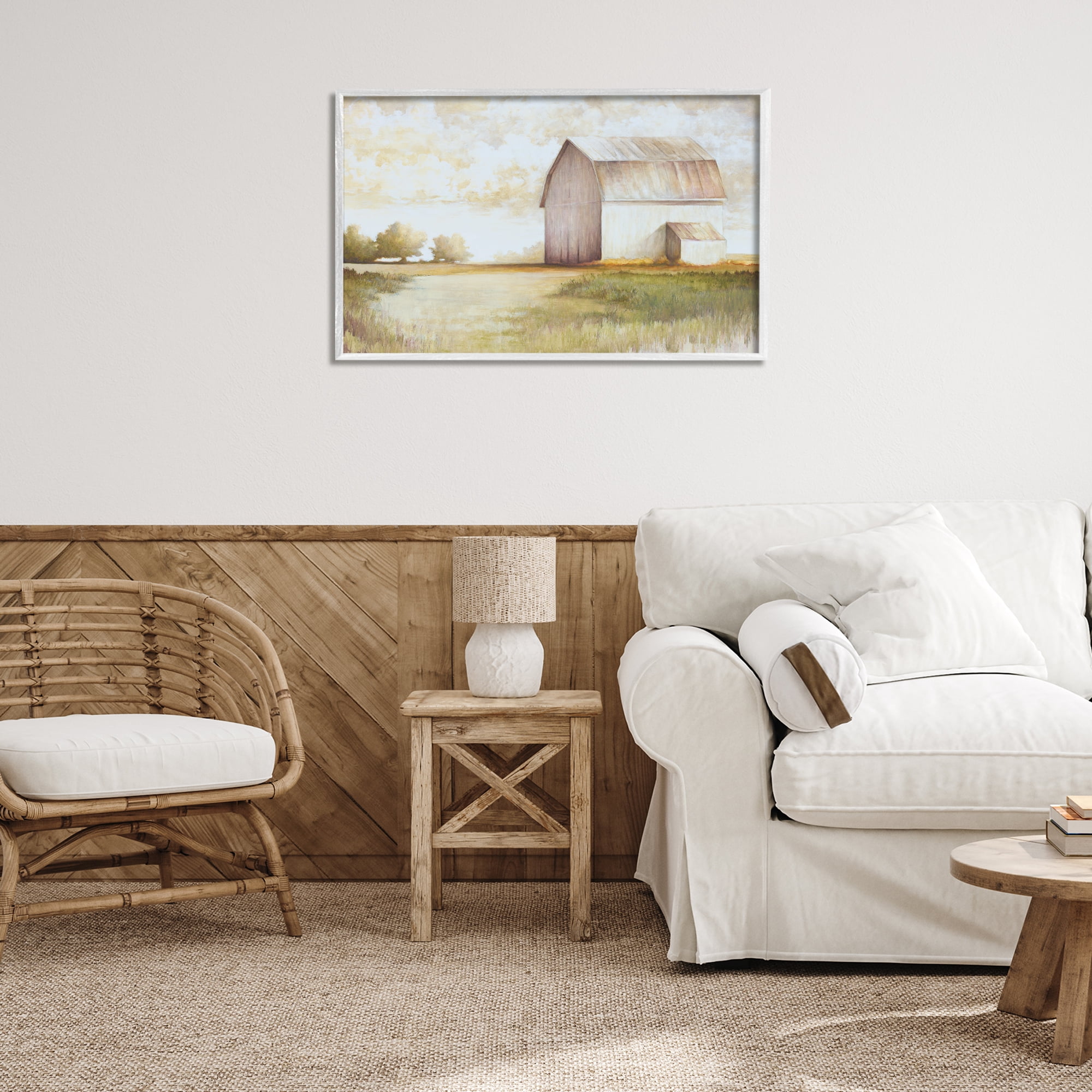 Stupell Industries Neutral Distant Barn Landscape Painting White Framed Art Print Wall Art, 30 x 20