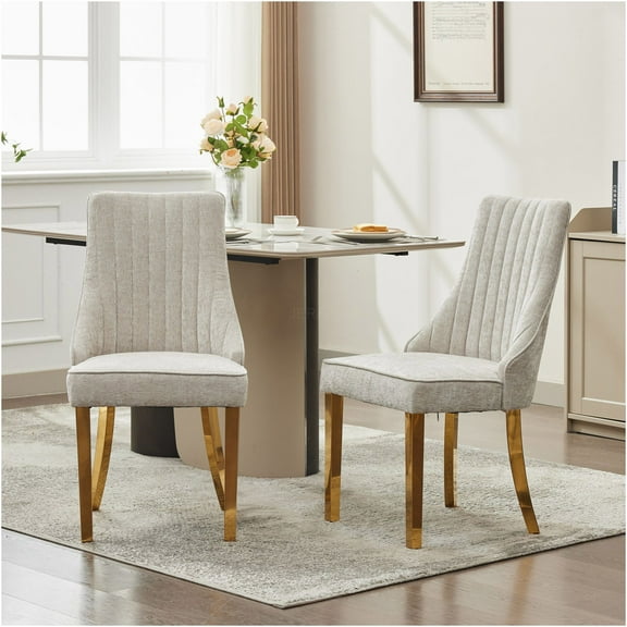 JERFIT 2-Pack Beige Chenille Upholstered Dining Chairs with Gold Metal Legs, High Back Tufted Accent Chairs for Kitchen and Dining Room