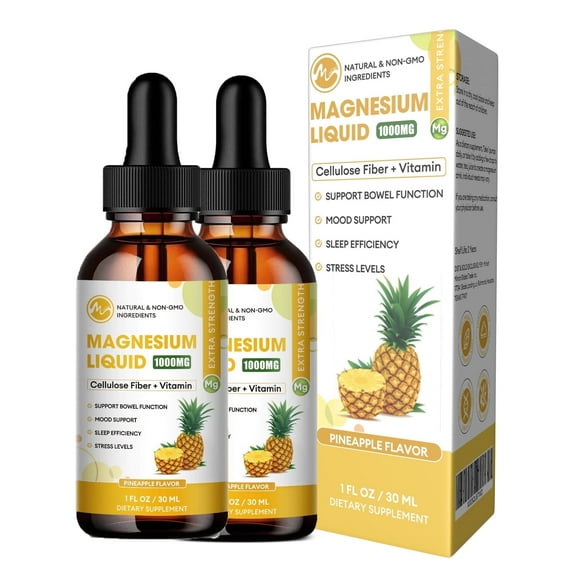 High Absorption Magnesium Liquid Drops with Cellulose Fiber, Bromelain, Vitamin B6, C, D, Zinc, Magnesium Supplement, Pineapple Flavor, 2 Pack