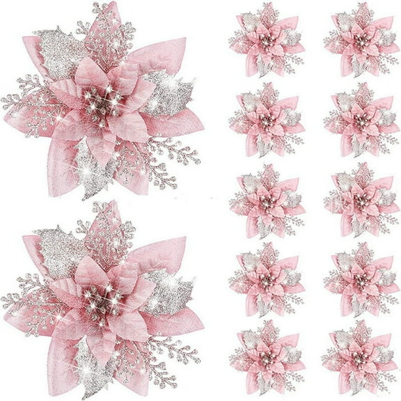20PCS 14.5cm Glitter Artificial Christmas Flowers Merry Christmas Tree Decoration Happy New Year Ornaments Xmas,A,20 x Christmas flower,Light Pink