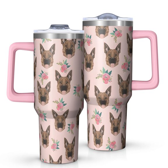 OBREWU German Shepherd and Flowers Tumbler with Handle and Lid,German Shepherd and Flowers 40oz Double Wall Vacuum Insulated Tumbler,Cups Gift for Women and Men