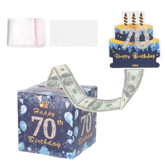 70th Birthday Money Box for Cash Gift, Birthday Money Pull Box with 100pcs Transparent Bags for Birthday Surprise Card Party Decorations Women Girl Men Boy Best Friend, Blue