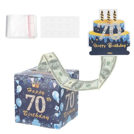 70th Birthday Money Box for Cash Gift Birthday Money Pull Box with 100pcs Transparent Bags for Birthday Surprise Card Party Decorations Women Girl Men Boy Best Friend Blue