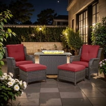 Gymojoy 5-Piece Outdoor Patio Furniture Set with Fire Pit Table - 2 Lounge Chairs, 2 Ottomans & 41" Rattan Fire Pit Table for Backyard, Garden, Poolside (Brown/Red)