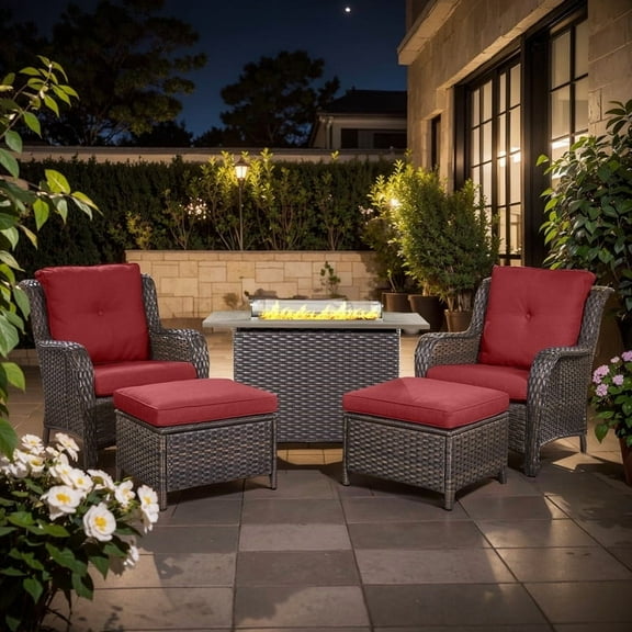 Gymojoy 5-Piece Outdoor Patio Furniture Set with Fire Pit Table - 2 Lounge Chairs, 2 Ottomans & 41" Rattan Fire Pit Table for Backyard, Garden, Poolside (Brown/Red)