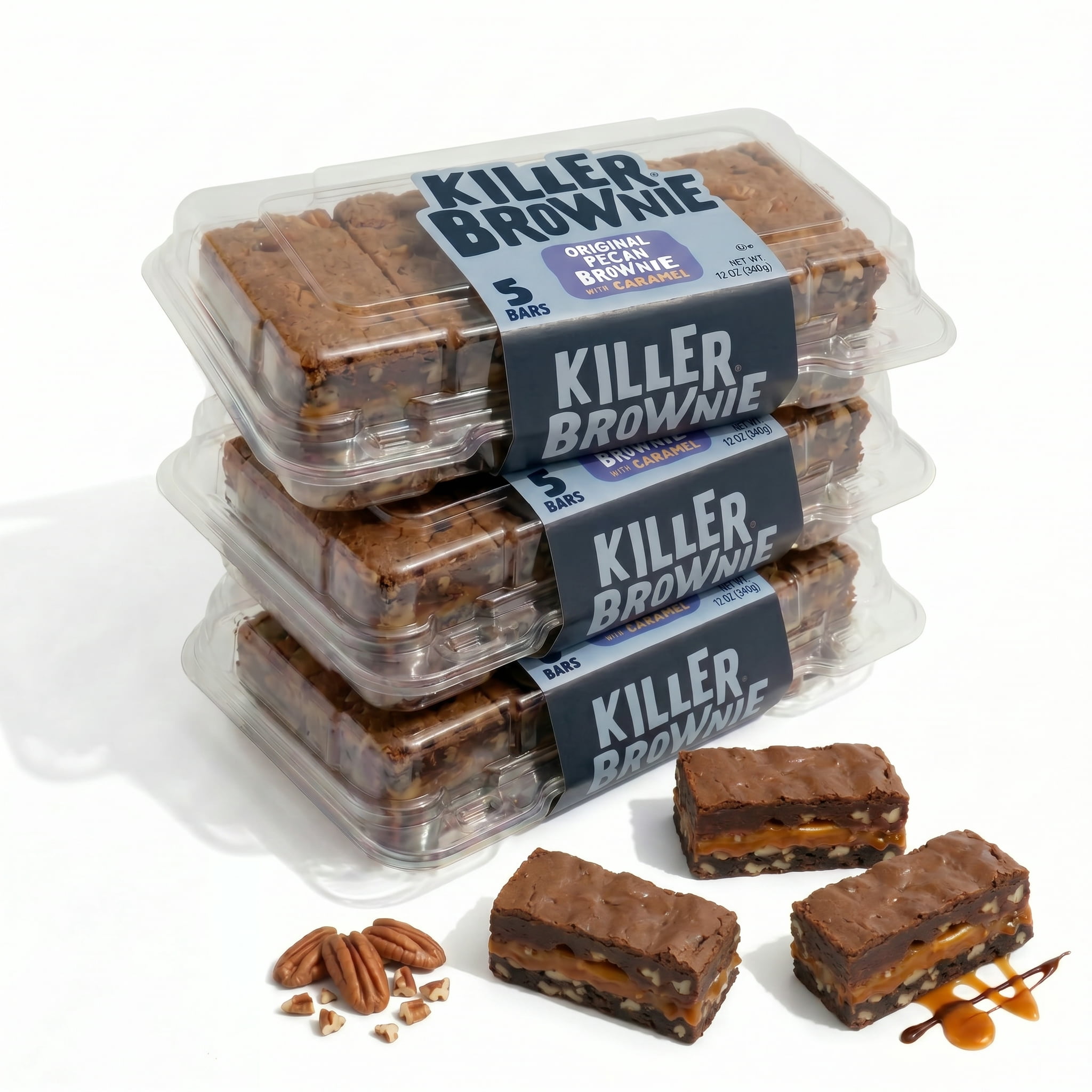 Killer Brownie Caramel Pecan Brownie Bars 15 Count, 3 Pack (5 Bars Each) Gourmet Dessert