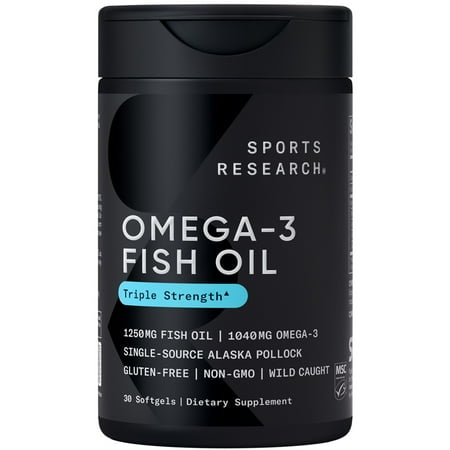 Sports Research® Triple Strength Omega 3 Fish Oil 1250mg Wild Alaska Pollock Burpless (30 Softgels)