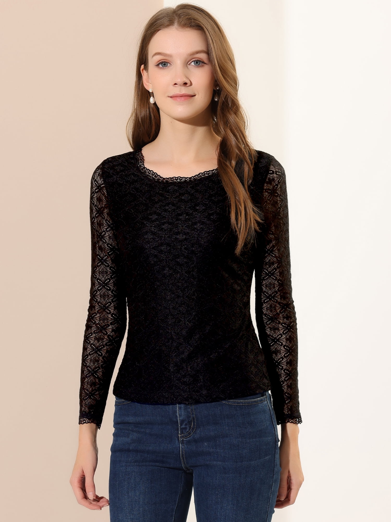 DARING DIVA Sheers Flower Embroidery Lace Top S Black