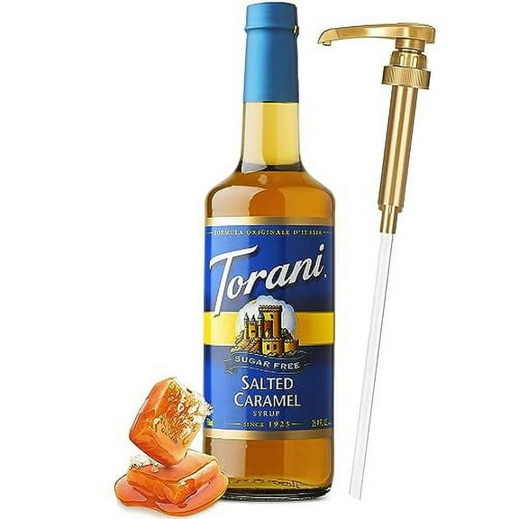 Torani Sugar Free Salted .. Caramel Syrup with Little .. Squirt Syrup Pump, 750ml .. 25.4 Ounces