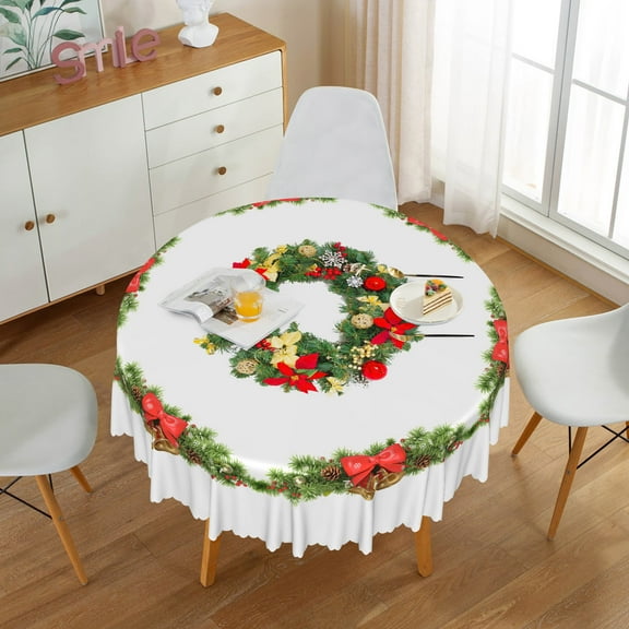 Nanqianyi Christmas Pine Wreath White Round Tablecloth, Red Floral Xmas Bells Decor for Kitchen Dinner Party Washable Table Cover 70 Inch