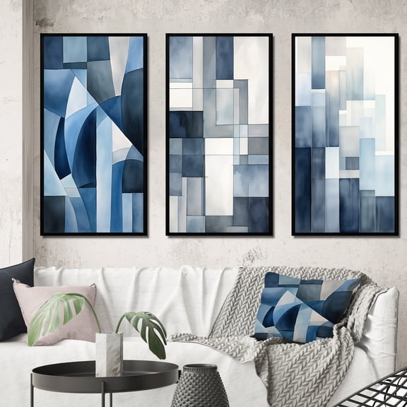 Designart "Retro Navy Blue Cubist Dreams II" Modern Geometric Framed Wall Art Set Of 3 - Blue Abstract Frame Canvas Set For Living Room Decor