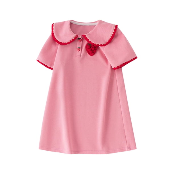 Odeerbi Niñas Vestido de Tenis Fresa Bordado Cuello Peter Pan Manga Corta Algodón Casual Vestido de Golf de Línea A