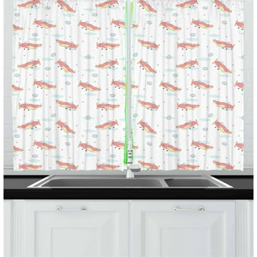 Nursery Airplane Curtains 2 Panels Set, Childish Comic Pattern with Vintage Planes and Blue Clouds, Window Drapes for Living Room Bedroom, 55W X 39L Inches, Coral Cream and Baby Blue, by Ambesonne