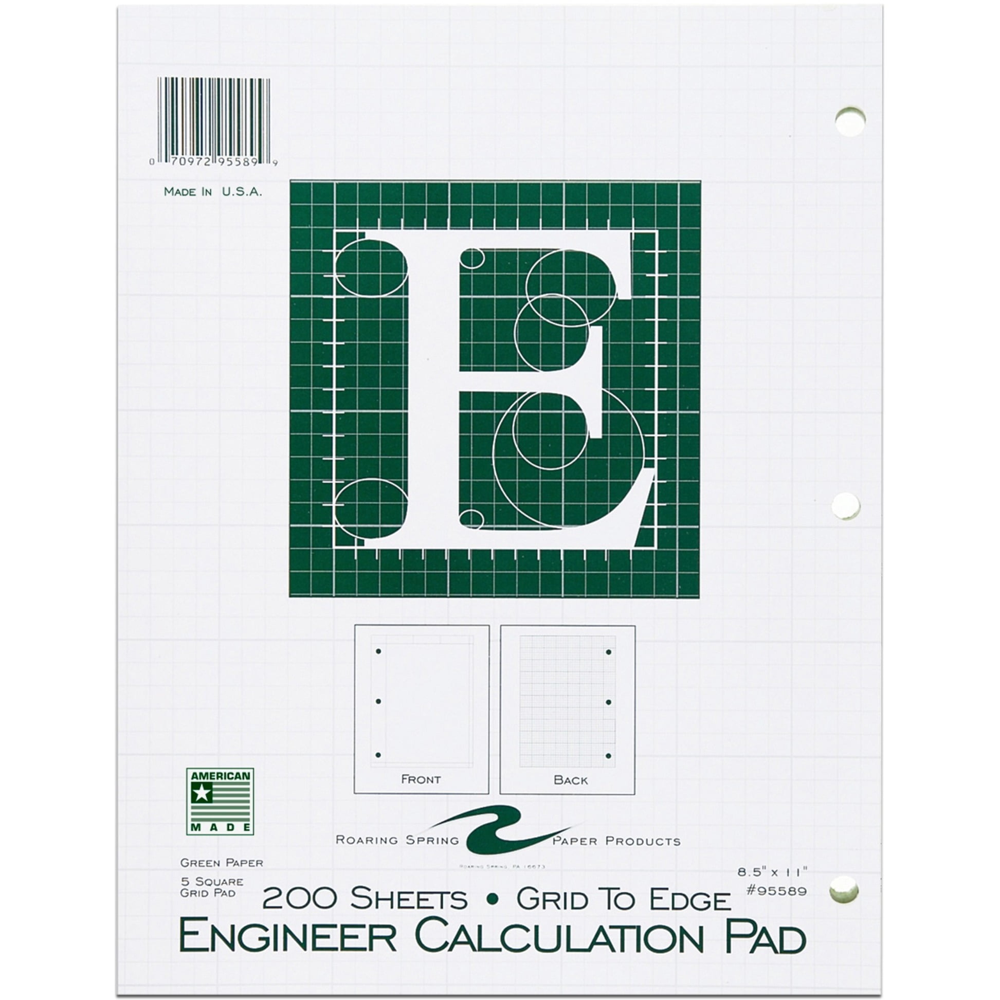 Roaring Spring Engineering Pad, 12-Pack, 8.5" x 11", 200 Sheets 15# Green Paper, 5x5 Printed Back Gird-to-Edge, Top Glued, 3-Hole Punched, Proudly Made in USA, Heavy Backing Board