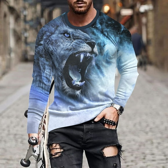 Meichang Long Sleeve T Shirt Men Slim Fit,Graphic Tees for Men Trendy 3D Lions Print T-Shirts Fashion Crew Neck Gym Long Sleeve Shirts for Men