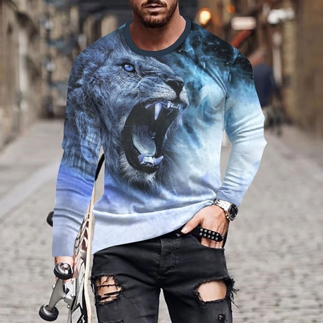 Meichang T-Shirt à Manches Longues pour Hommes Coupe Ajustée, T-Shirts Graphiques pour Hommes Tendance avec Imprimé 3D de Lions, T-Shirts Mode à Col Rond pour le Gym à Manches Longues pour Hommes