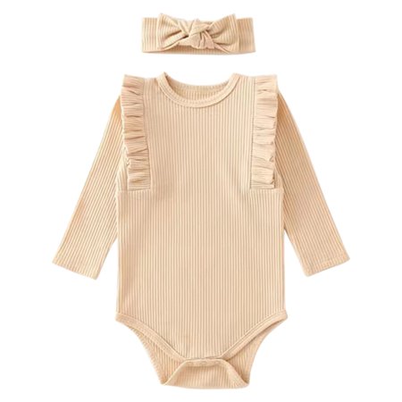 

Baywell Long Sleeve Bodysuit with Headband Ruffle Onesies Raw Onesie for Newborn Baby Beige 0-12M