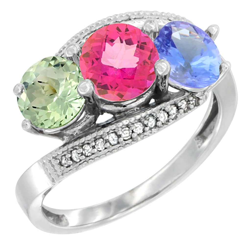 14K White Gold Natural Green Amethyst, Pink Topaz & Tanzanite 3 stone Ring Round 6mm Diamond Accent, size 5 by Gabriella Gold