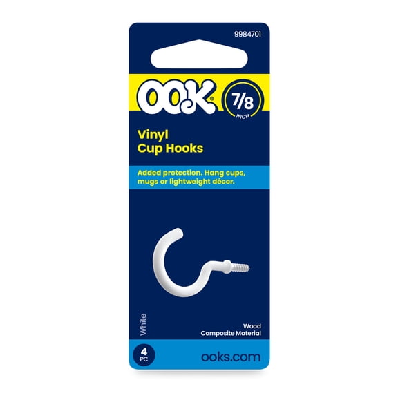 Ook Cup Hooks, 7/8", 0.5 lbs, Screw Hooks, Steel, White Vinyl, 4 pack