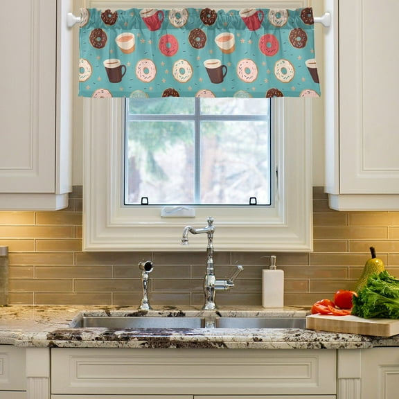 Donuts Tea Blue Curtain Valances Farmhouse Design Window Treatment Decor Blackout Rod Pocket for Windows Living Room Kitchen 54" x 18"
