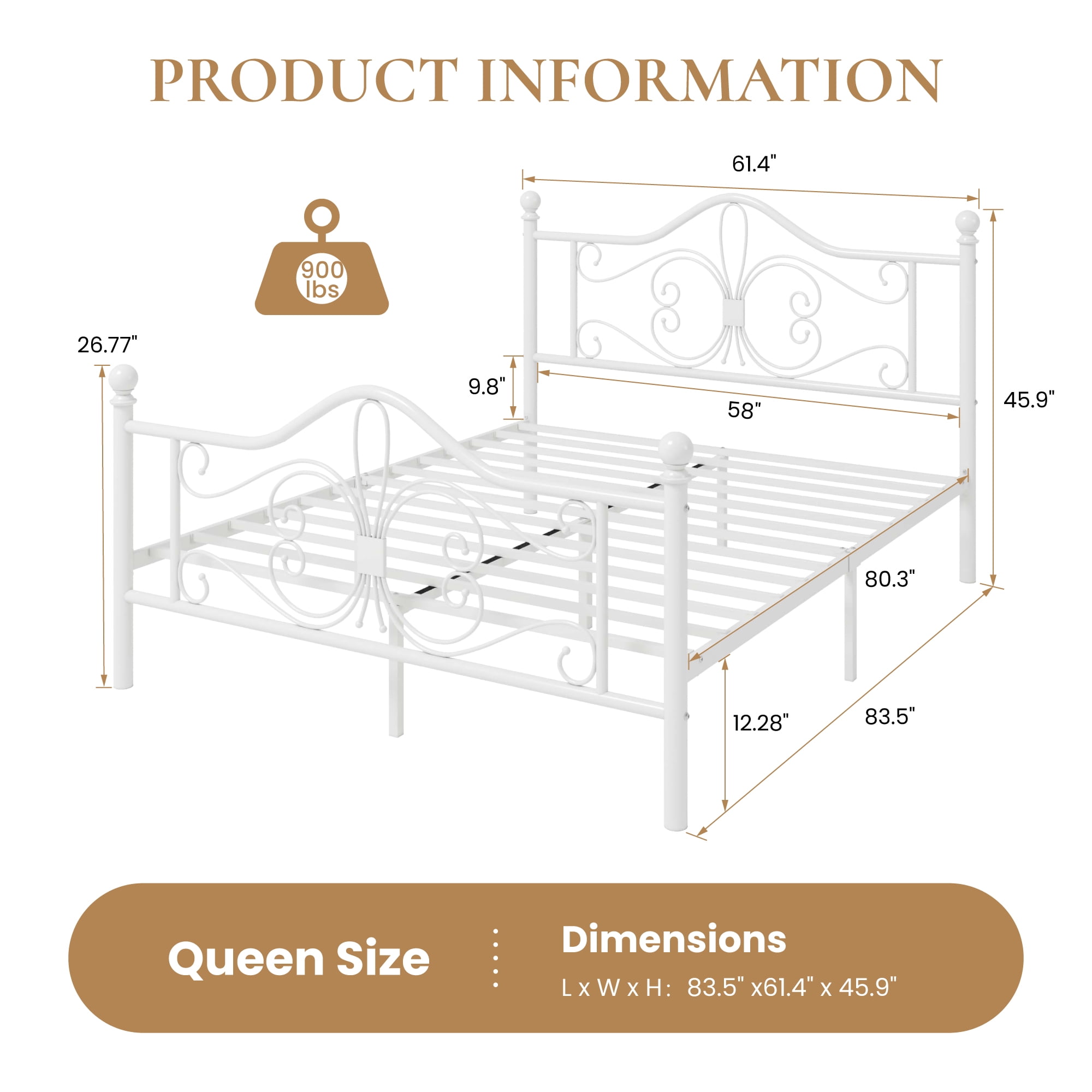 Sha Cerlin Queen Size Metal Platform Bed Frame with Victorian Vintage Butterfly Headboard&Footboard, White