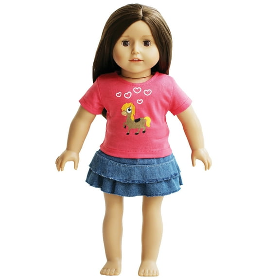 The New York Doll Collection Cowgirl Pony T-shirt and Denim Skirt for Dolls -18 inch Doll Clothes