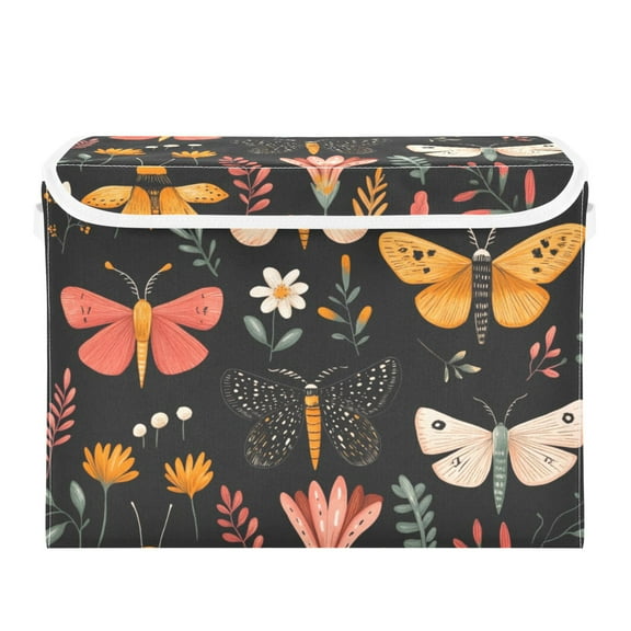 Dark Floral Moth Pattern Large Storage Bins with Linen Collapsible Lid Storage Box 16.7 x 12.6 x 11.8in