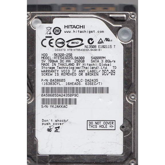 HTE54543225L9A300, PN 0A58605, MLC DA2435, Hitachi 250GB SATA 2.5 Hard Drive