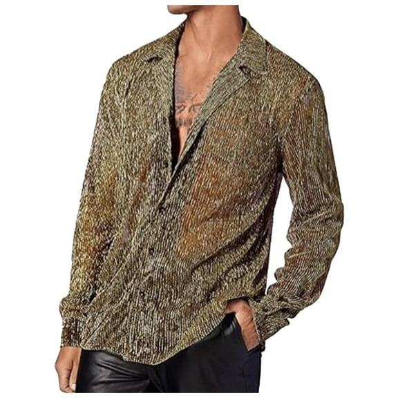 Men Shirts Fashion Summer Shiny See Through Lapel Long Sleeved Nightclub Wear Men's Casual Shirts Gold XL