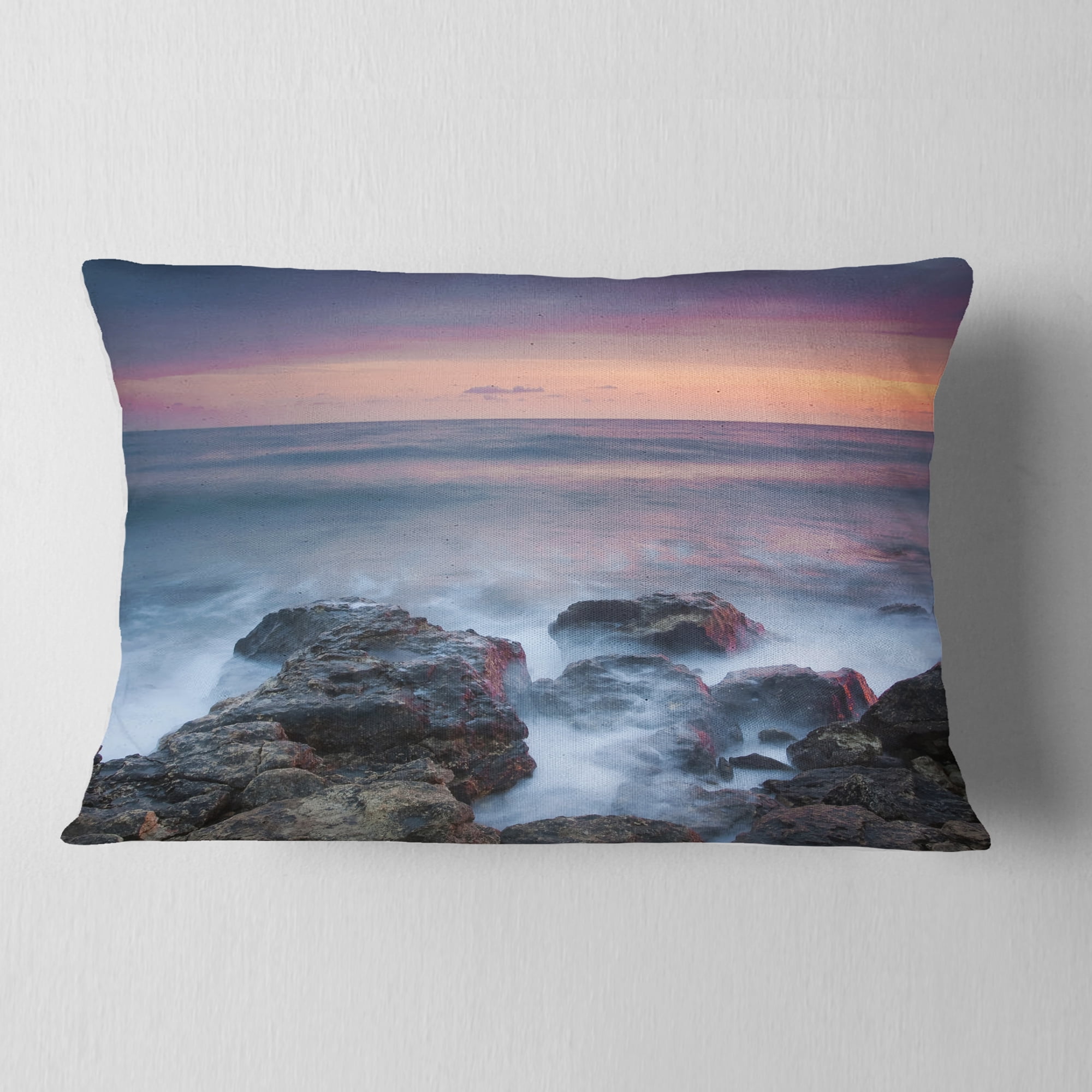 Designart Blue Rocky Sea Beach Sunset - Modern Landscape Printed Throw Pillow - 12x20