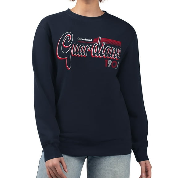 Women's Starter Navy Cleveland Guardians Groovy Script Team Fleece Pullover Sweatshirt