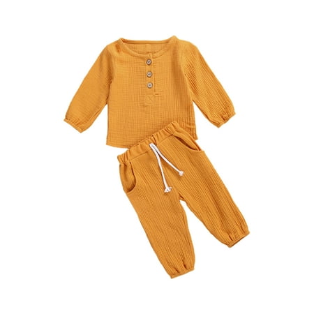

Canrulo Toddler Baby Boys Girls Outfits Solid Color Long Sleeve Tops Shirt + Drawstring Pants 2Pcs Fall Clothes Yellow 2-3 Years