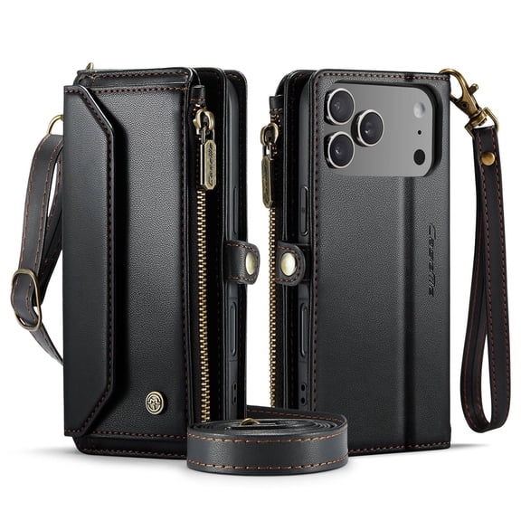 Crossbody Wallet Case for iPhone 17 Pro, RFID Blocking PU Leather Cover with 7 Card Slots & Zipper Pocket, Detachable Shoulder Wrist Strap for Women